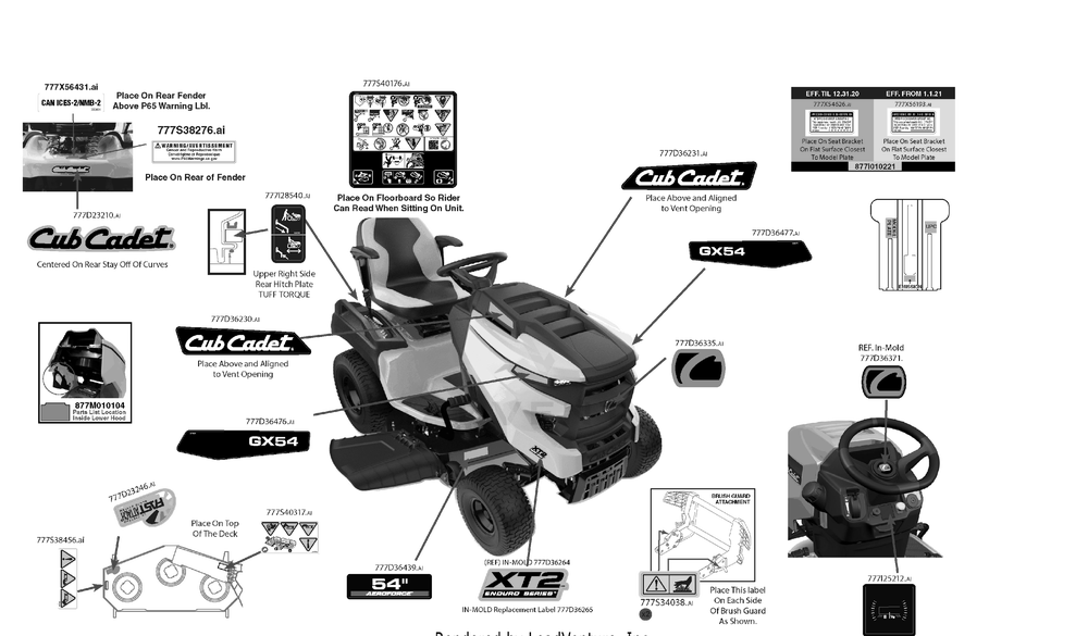Label Map Diagram and Parts List for XT2-GX54KW (14AHA3TMA10)(2021) Cub Cadet Lawn Tractor